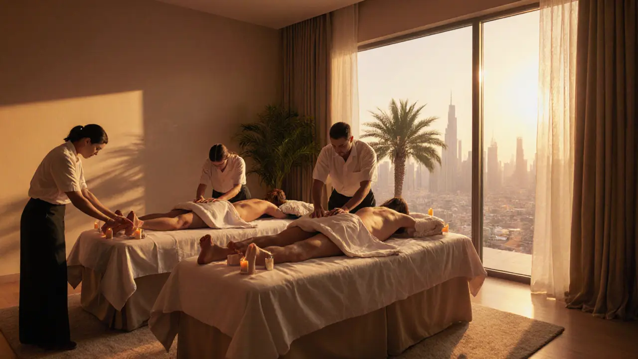 A couple receiving side-by-side home massages in their living room, enjoying peace and relaxation together.