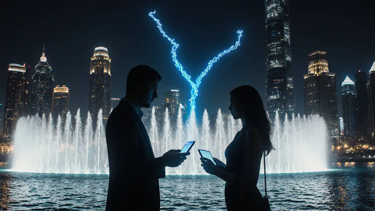A glowing digital connection between a man’s phone and a woman’s silhouette beside the Dubai Fountain at night.