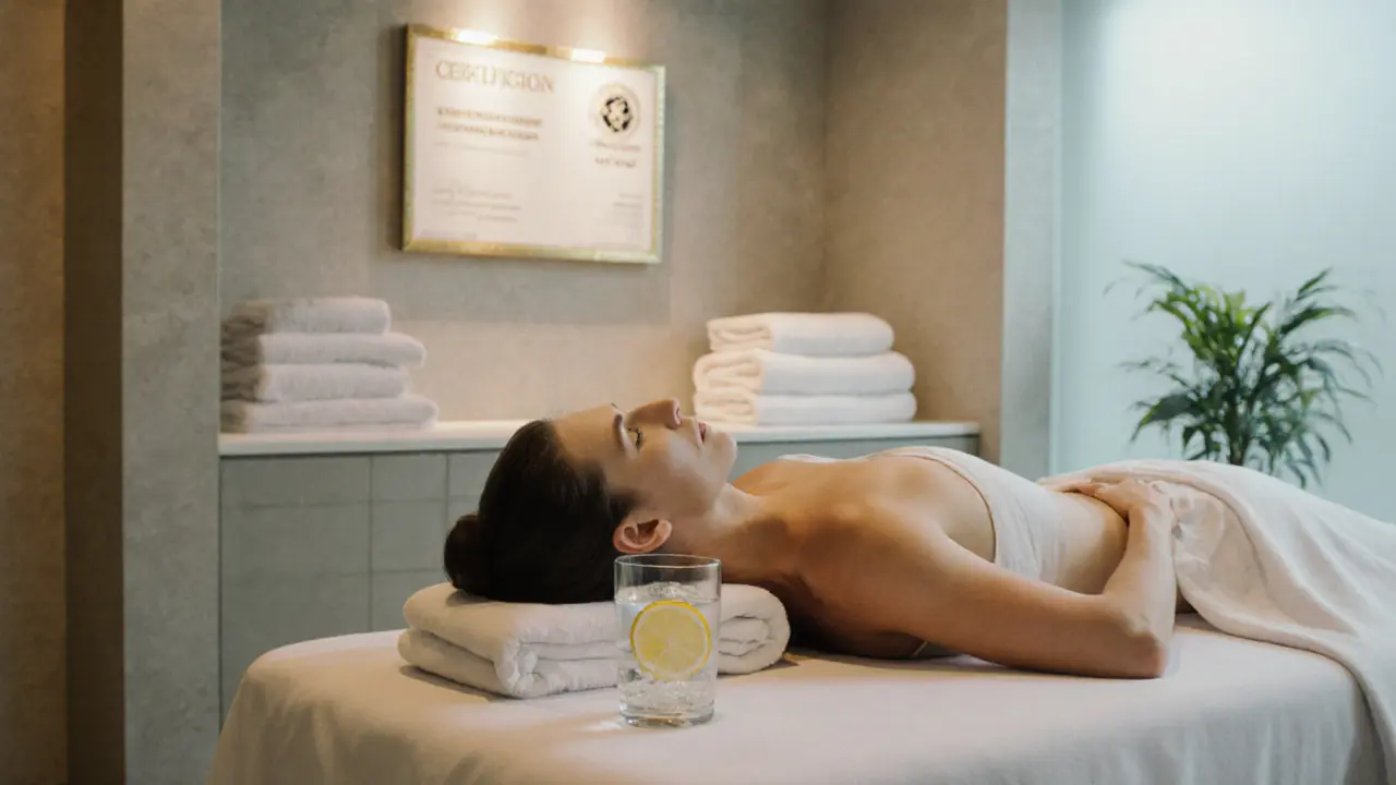 A relaxed client rests after a Dubai massage, with clean linens, therapist credentials on the wall, and a glass of infused water.