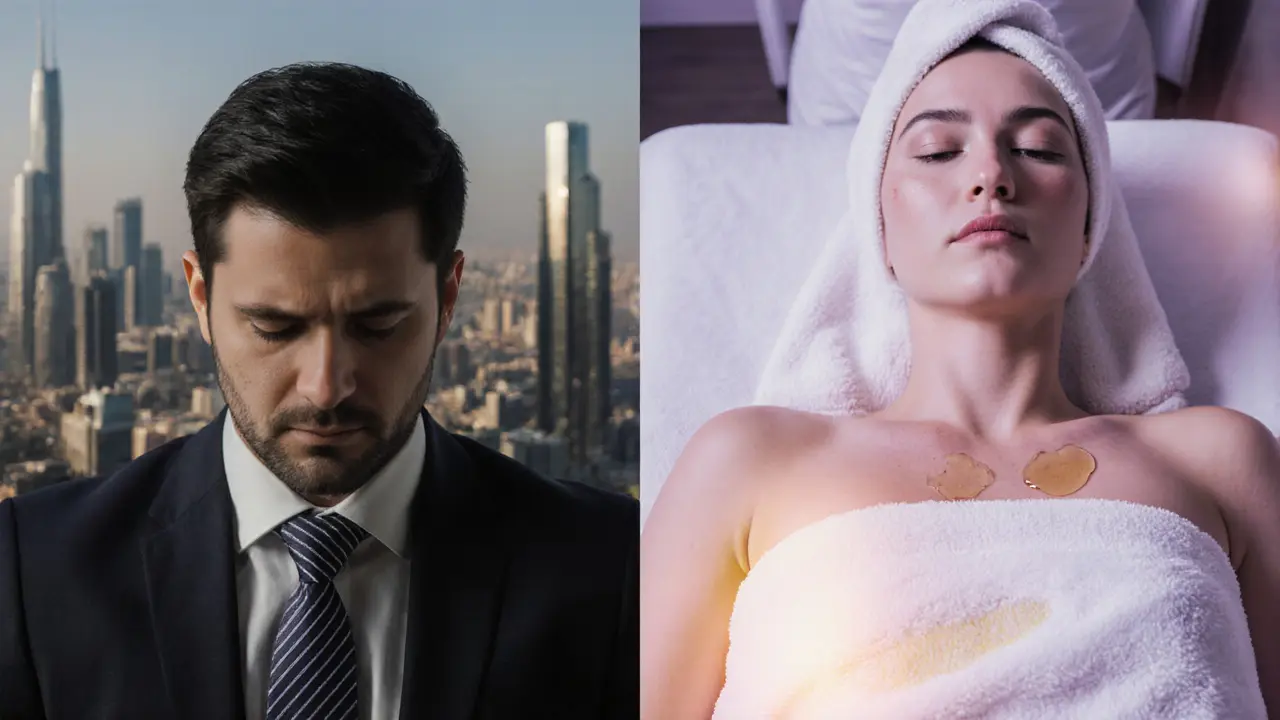 A stressed worker transformed by massage, with city chaos fading into calm.