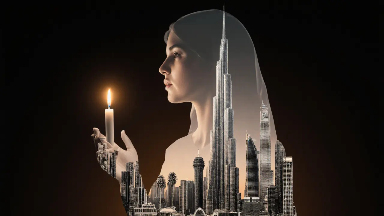 A translucent silhouette of a woman made of Dubai’s skyline, holding a candle, symbolizing connection in the city’s solitude.