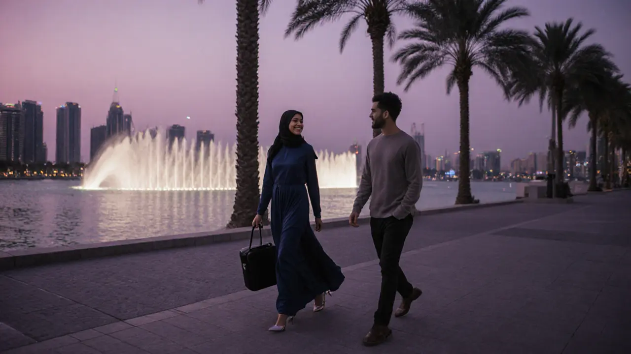 A woman and traveler walking together along Dubai Marina as fountains sparkle at dusk.