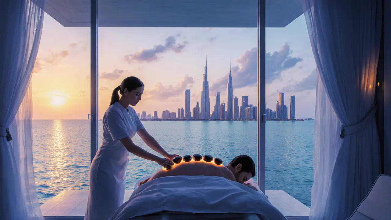 An overwater spa treatment in Palm Jumeirah with warm stones and Dubai skyline at sunset.