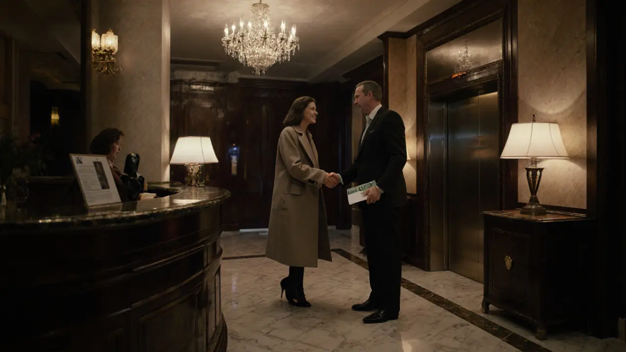 Companion receives a tip and handshake in an elegant hotel lobby.