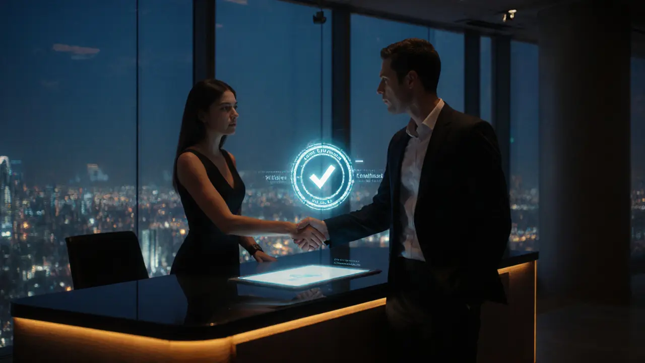 Concierge office scene showing a verified tablet, handshake between companion and client, and security camera.