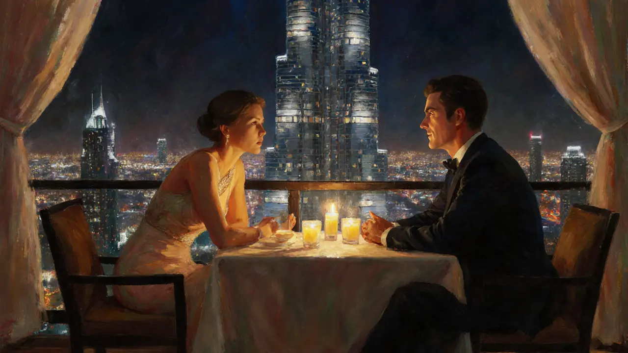 Couple at a candlelit terrace restaurant with Burj Khalifa in background.