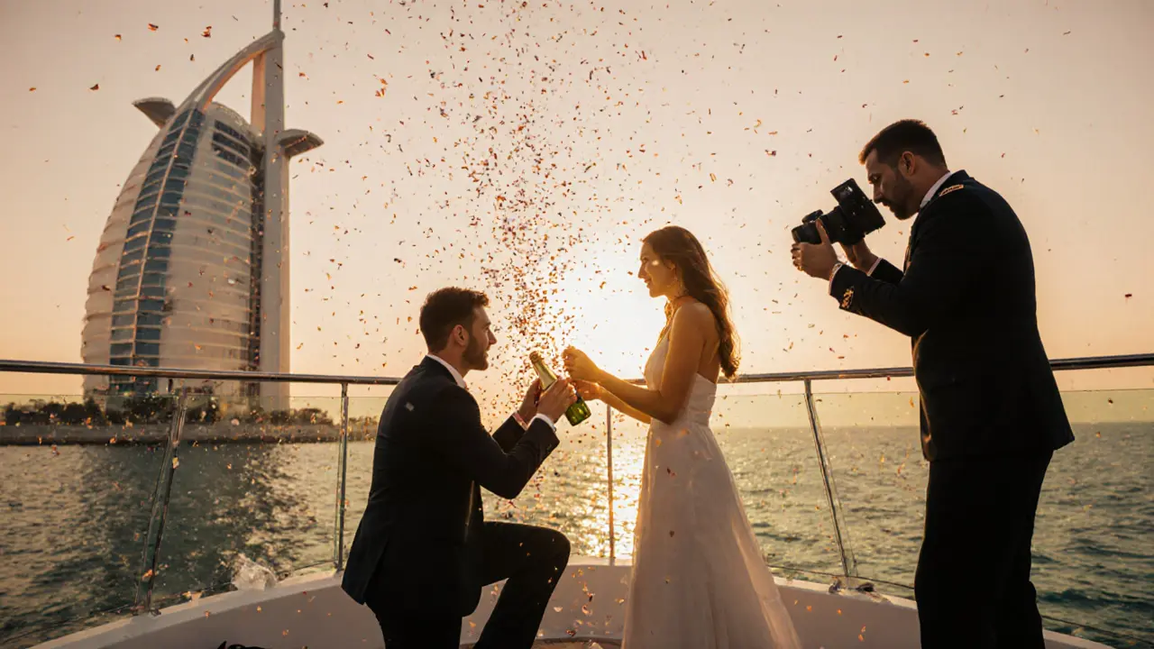 Couple engaged in a romantic proposal on a yacht bow at sunset with Burj Al Arab in background.