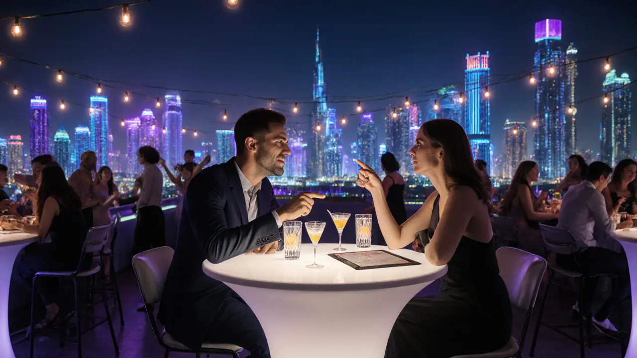 Couple enjoys drinks and conversation at a rooftop bar with Dubai skyline.