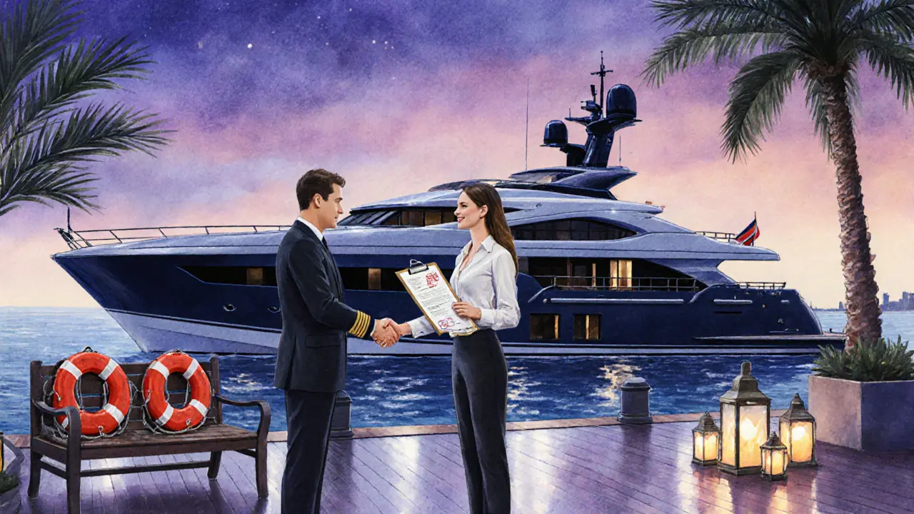 Couple shaking hands with a yacht captain on a dock, a luxury yacht silhouetted under twilight.