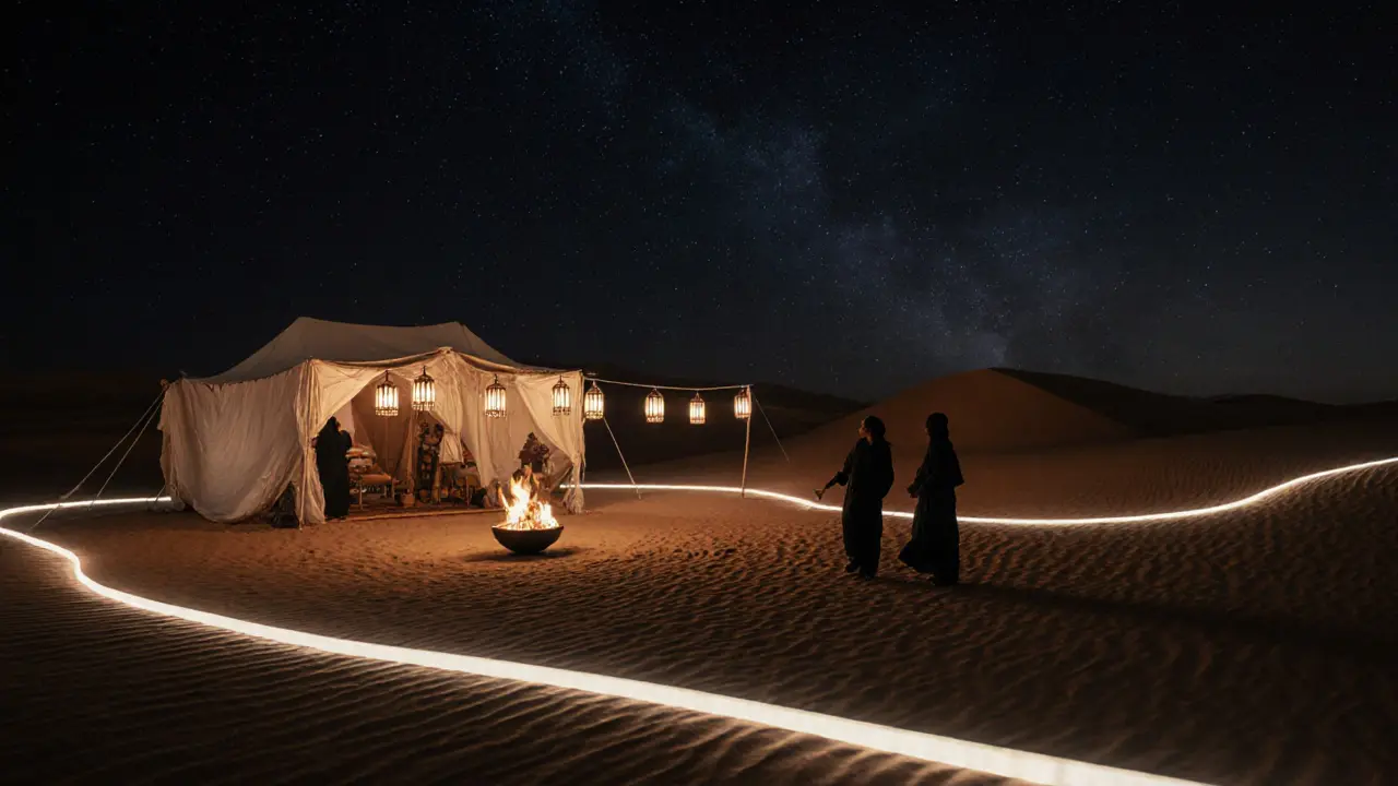 Desert safari night camp featuring LED lanterns, fire bowl, and starry sky.
