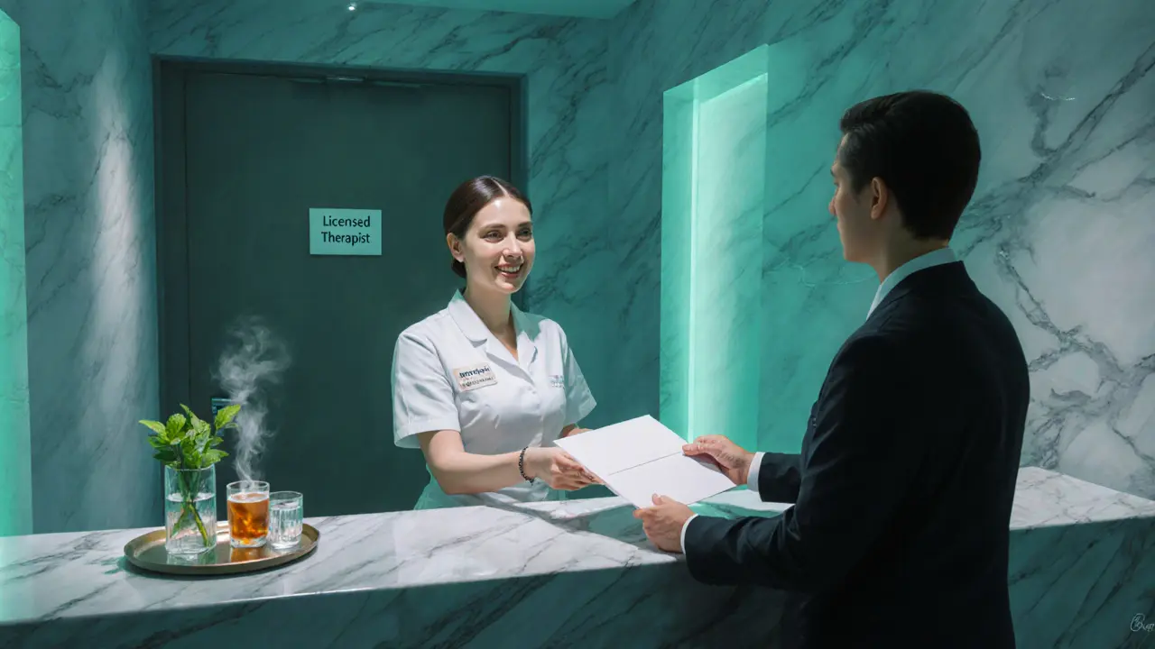 Digital painting of hotel spa concierge handing welcome envelope, mint tea on table.