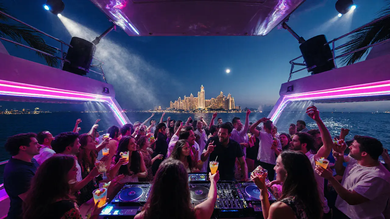 DJ and dancing crowd on a yacht deck with neon lights and Palm Jumeirah visible in the background.