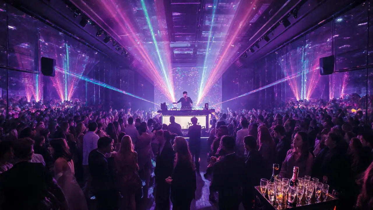 DJ booth with lasers, dancing crowd, and sparkling bottle service on the club&#039;s dark interior.