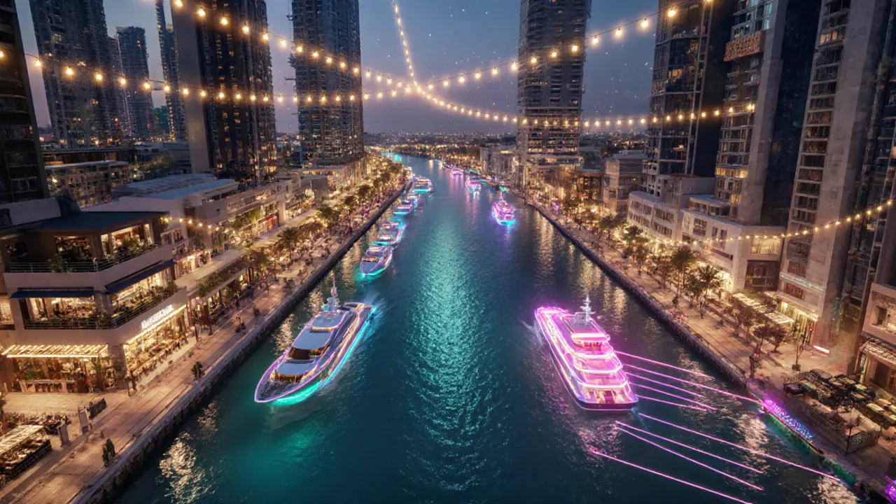 Dubai Marina promenade illuminated with neon yachts and glowing walkways.
