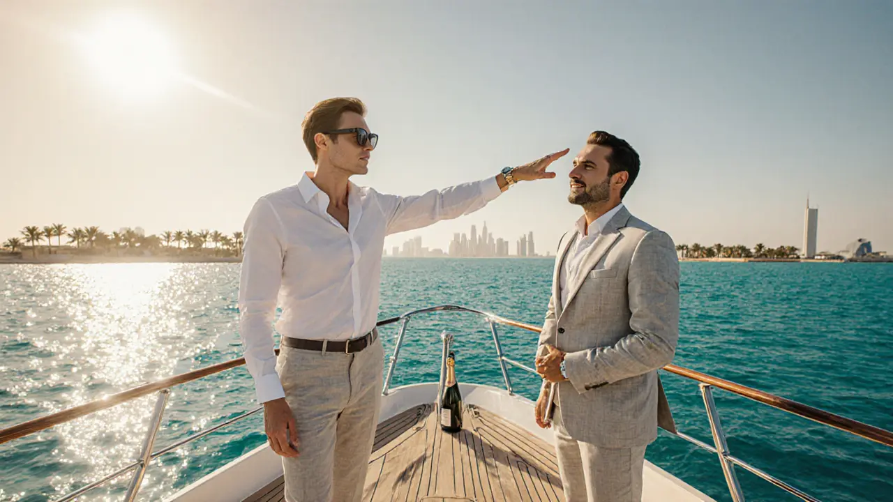 Euro escort and client on a private yacht cruising the Arabian Gulf.