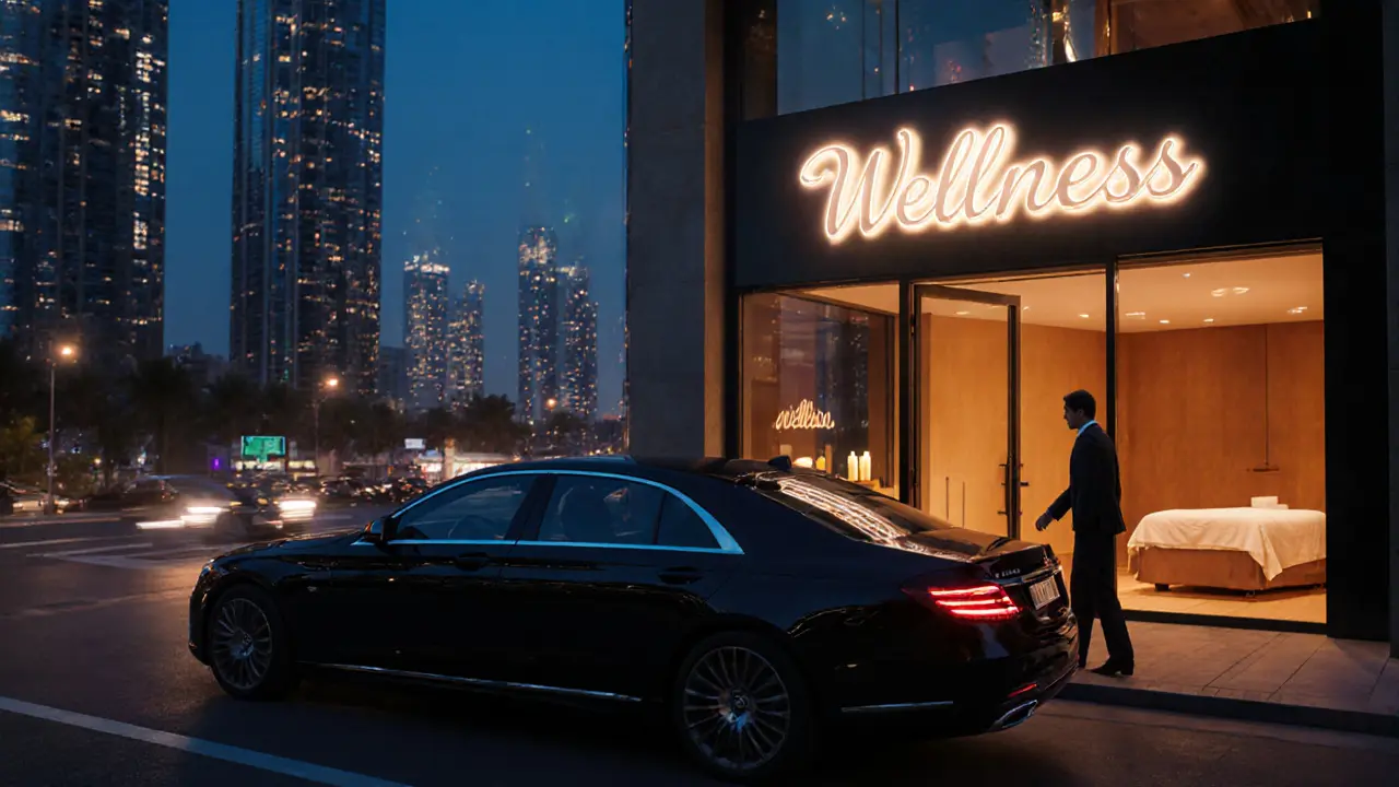 Evening scene of a person arriving at a luxury Dubai spa for a stress‑relief session.