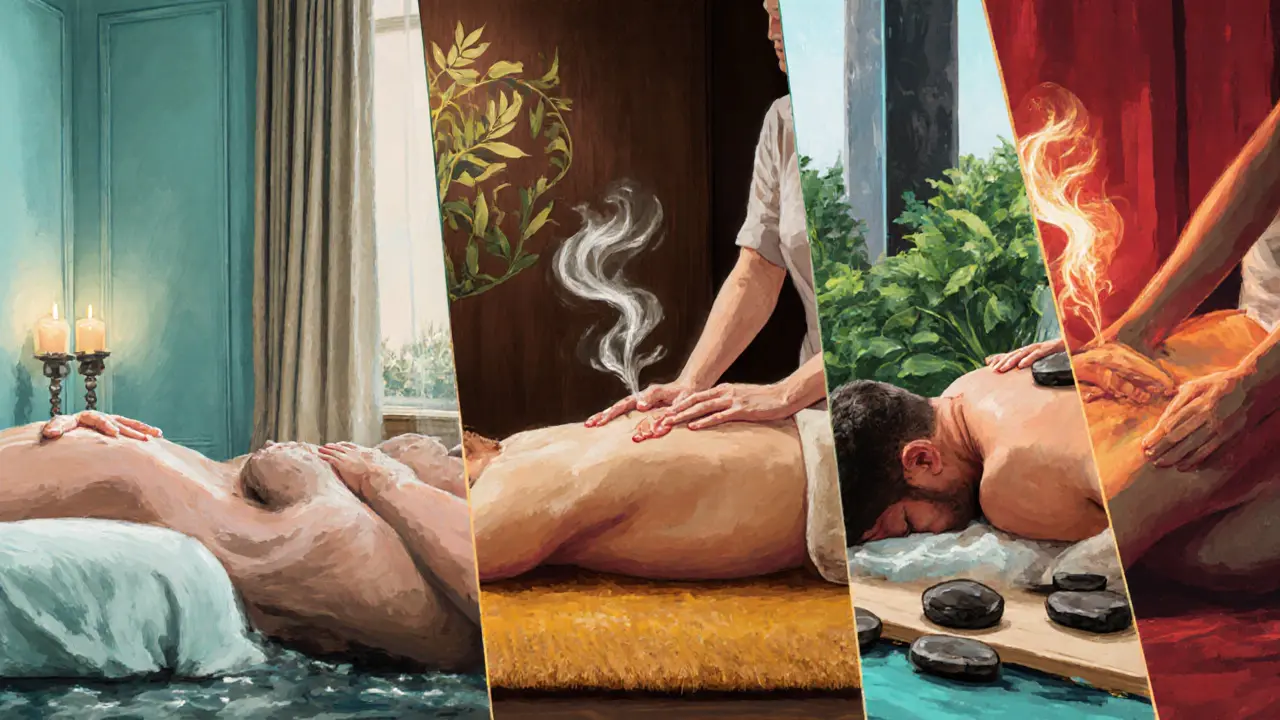 Five panels depict Swedish, deep‑tissue, aromatherapy, Thai, and hot‑stone massages in distinct settings.