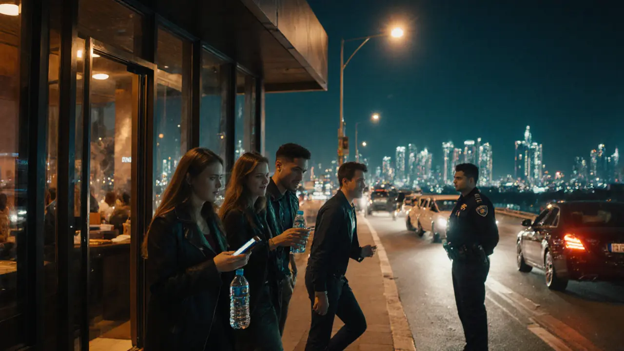 Friends leaving a rooftop bar in Dubai, using rides‑hailing app, under street lights.