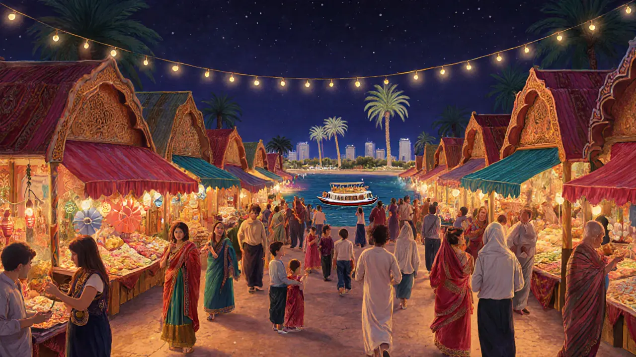Global Village night market with families, food stalls, and cultural performances.