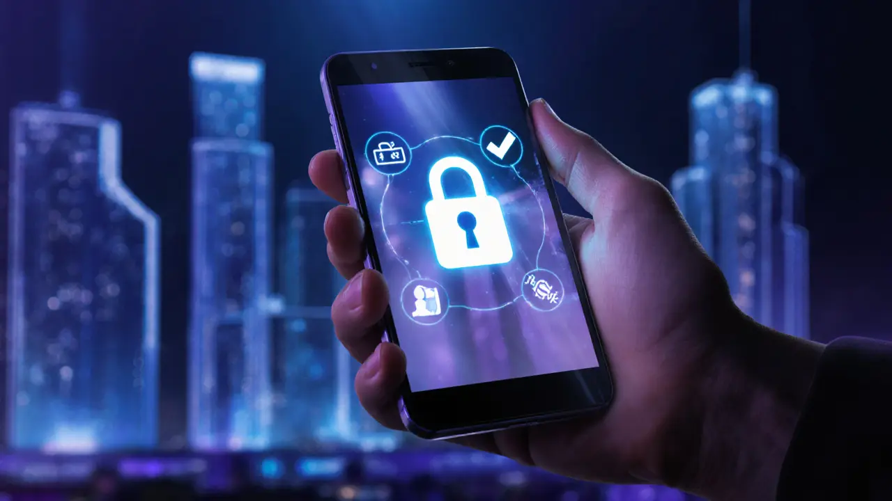 Hand holding phone showing secure lock icon in a dim lounge.