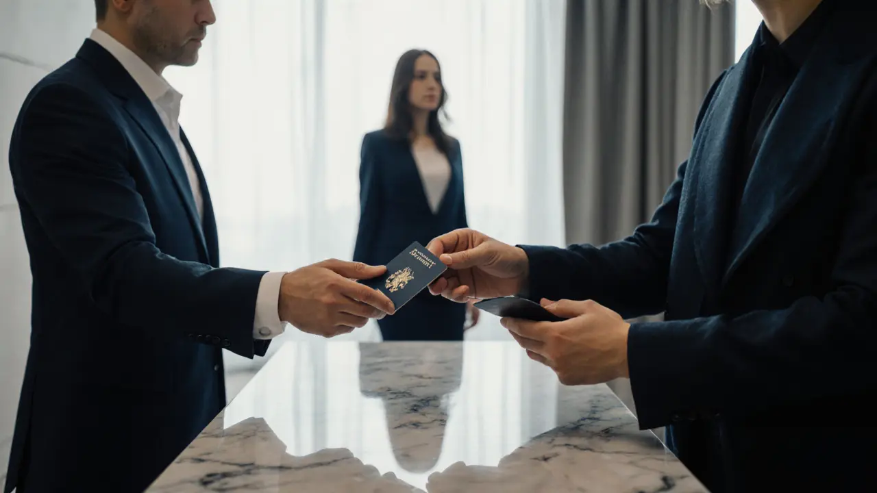 Hands exchanging passport and ID in a sleek hotel lobby, showing verification.