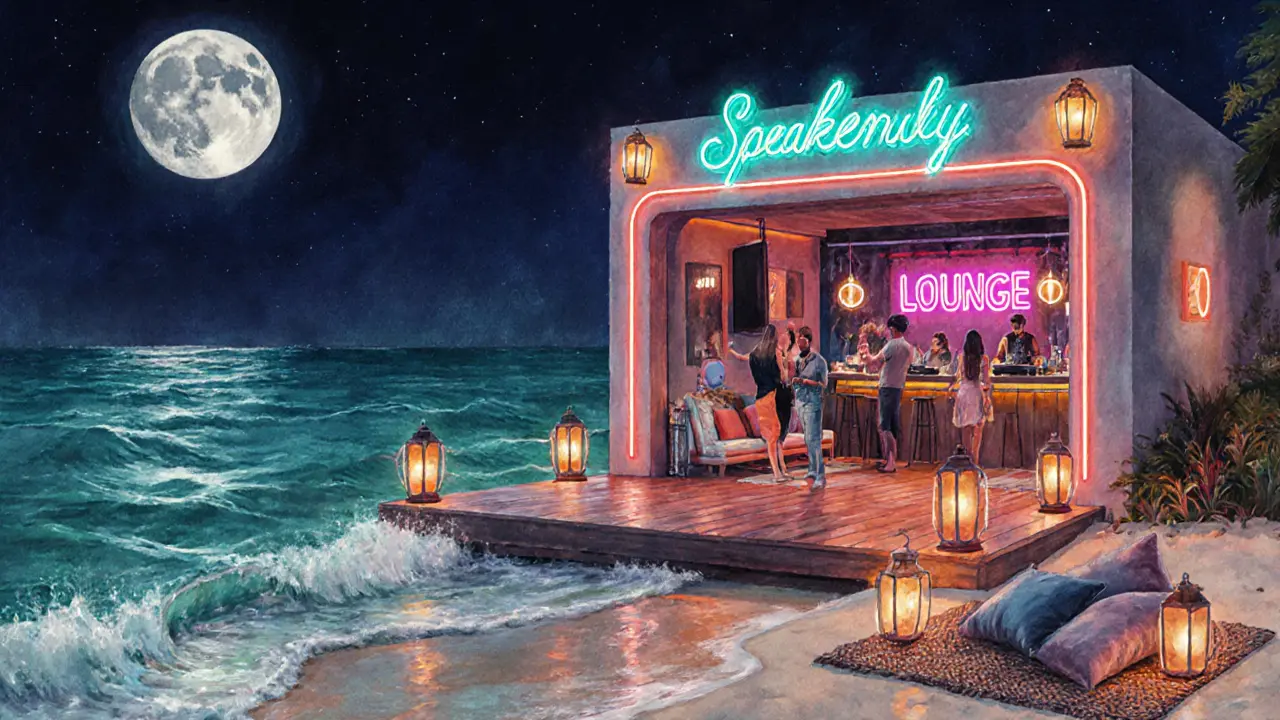 Hidden beach club speakeasy at JBR with neon lighting, DJ, and moonlit sea.