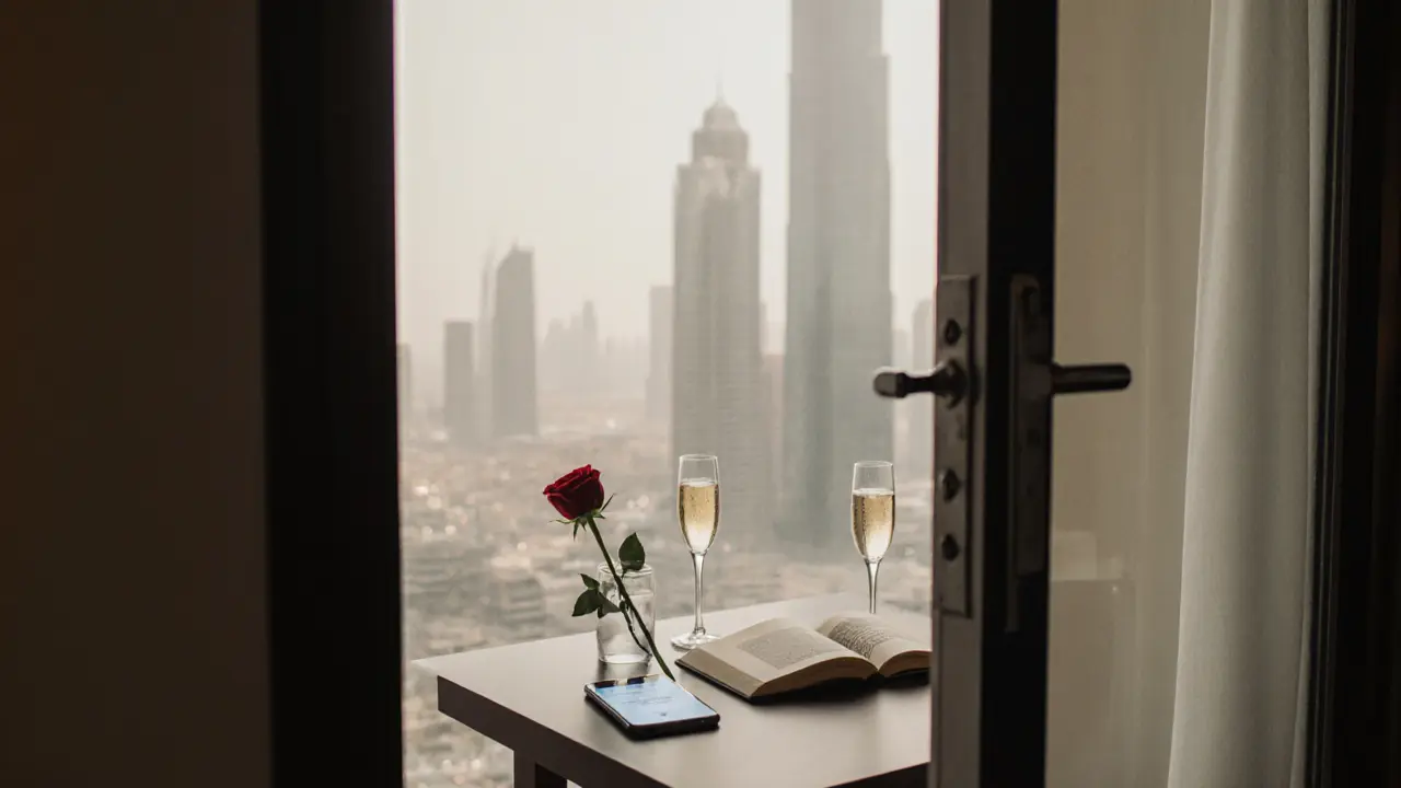 Hotel room with champagne flutes and a rose, hinting at a quiet, thoughtful encounter.