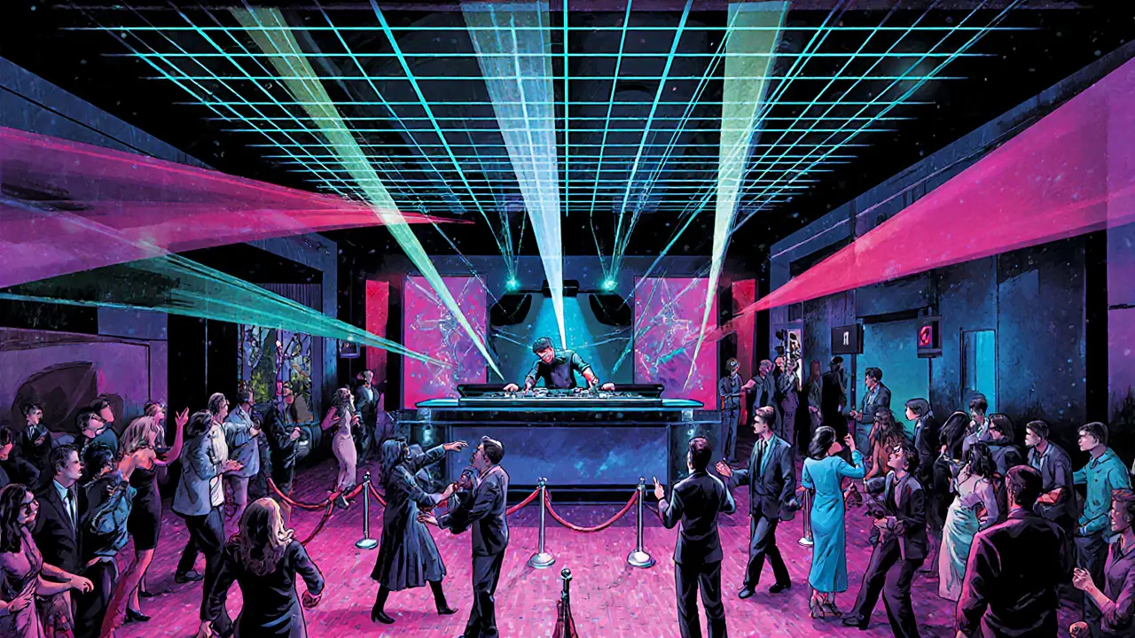 Inside a Dubai nightclub with laser lights, DJ booth, and dancing crowd.