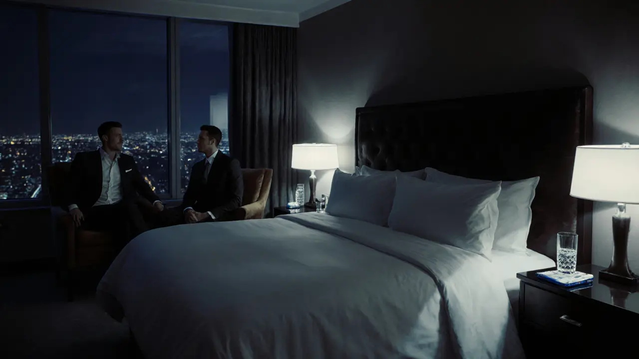Luxurious hotel room with subtle safety items and a respectful companion.