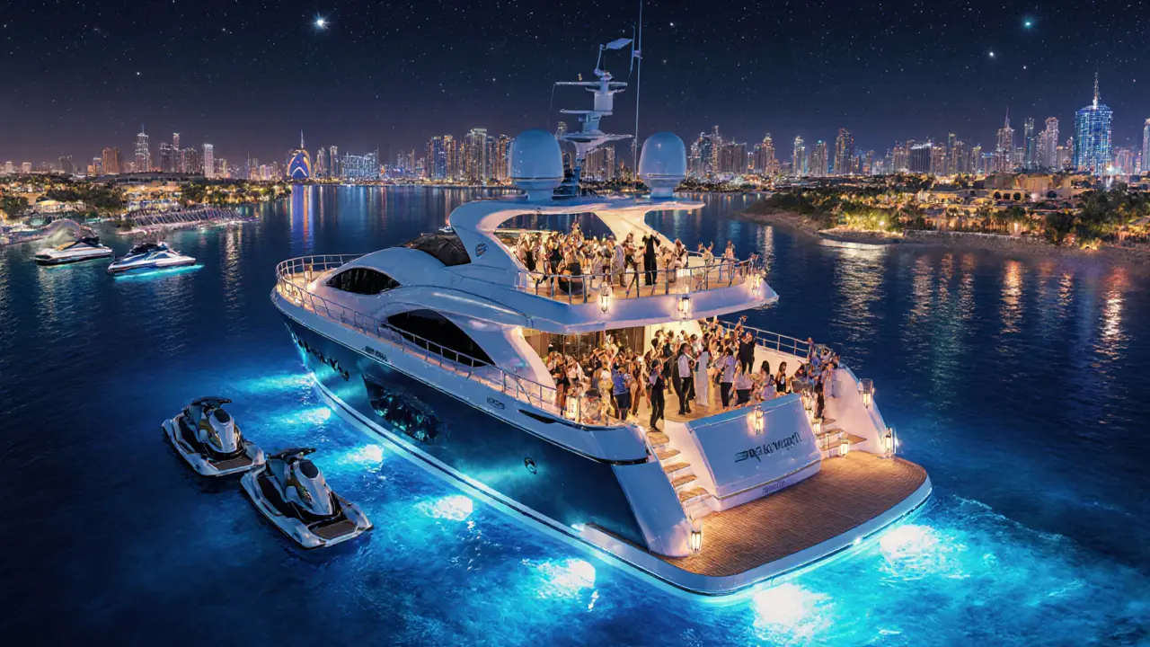Nighttime yacht party with underwater lights, dancing guests, and Dubai’s illuminated skyline.