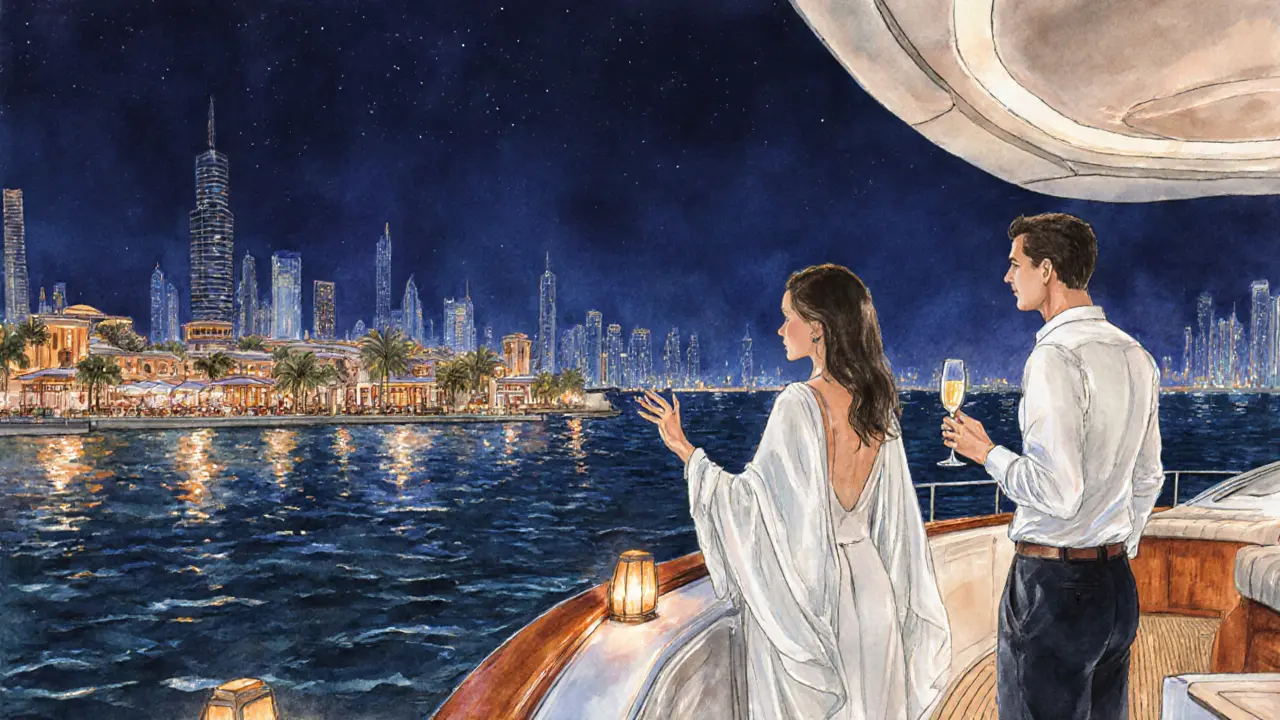 Private yacht at twilight with a companion pointing to Dubai Marina lights, client holding champagne.
