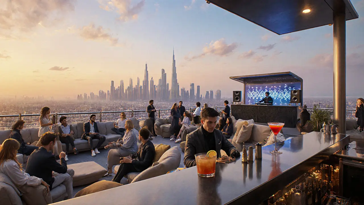 Rooftop lounge after‑party with bar, sofas, DJ, and sunrise skyline view.