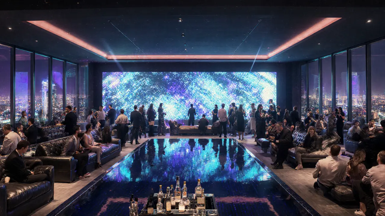Rooftop nightclub interior with DJ, LED walls, and city lights background.