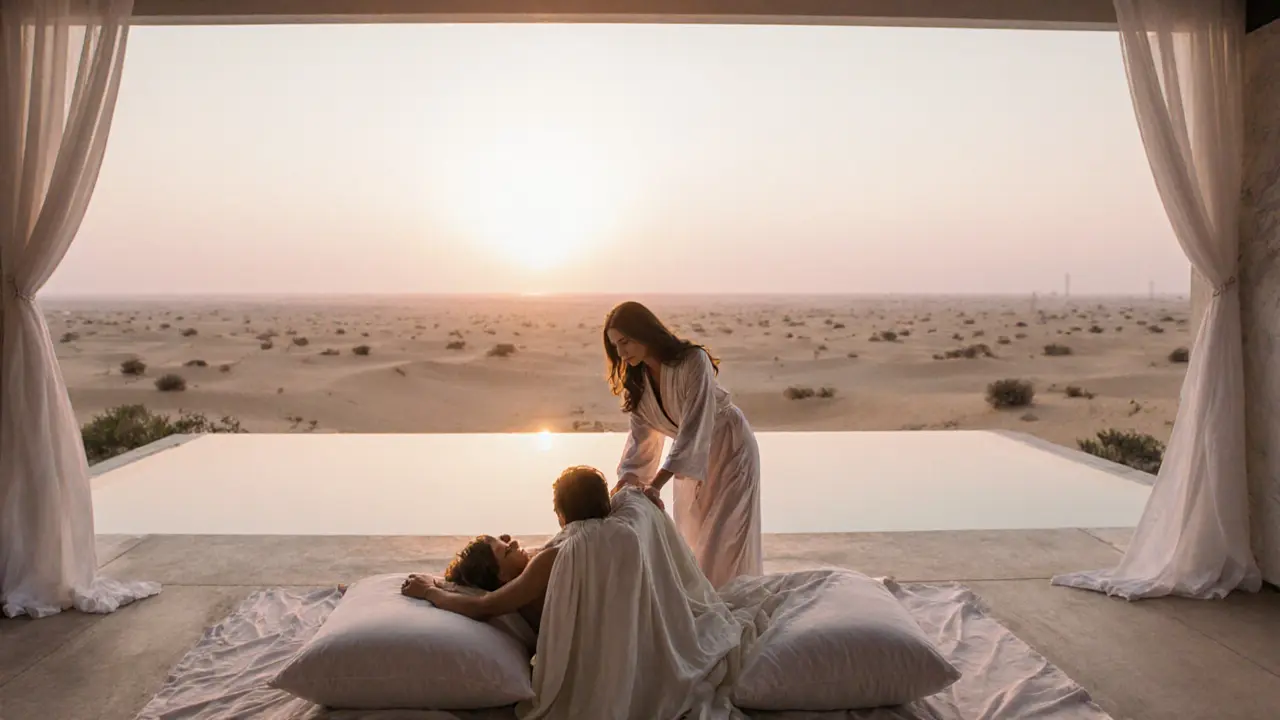 Sunrise at a desert resort with a Mistress providing aftercare to a relaxed client.