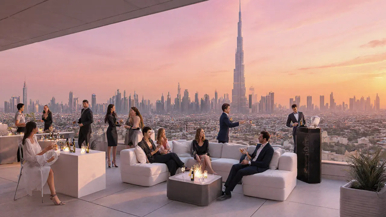 Sunset rooftop terrace with Dubai skyline, VIP table, and guests relaxing on plush sofas.