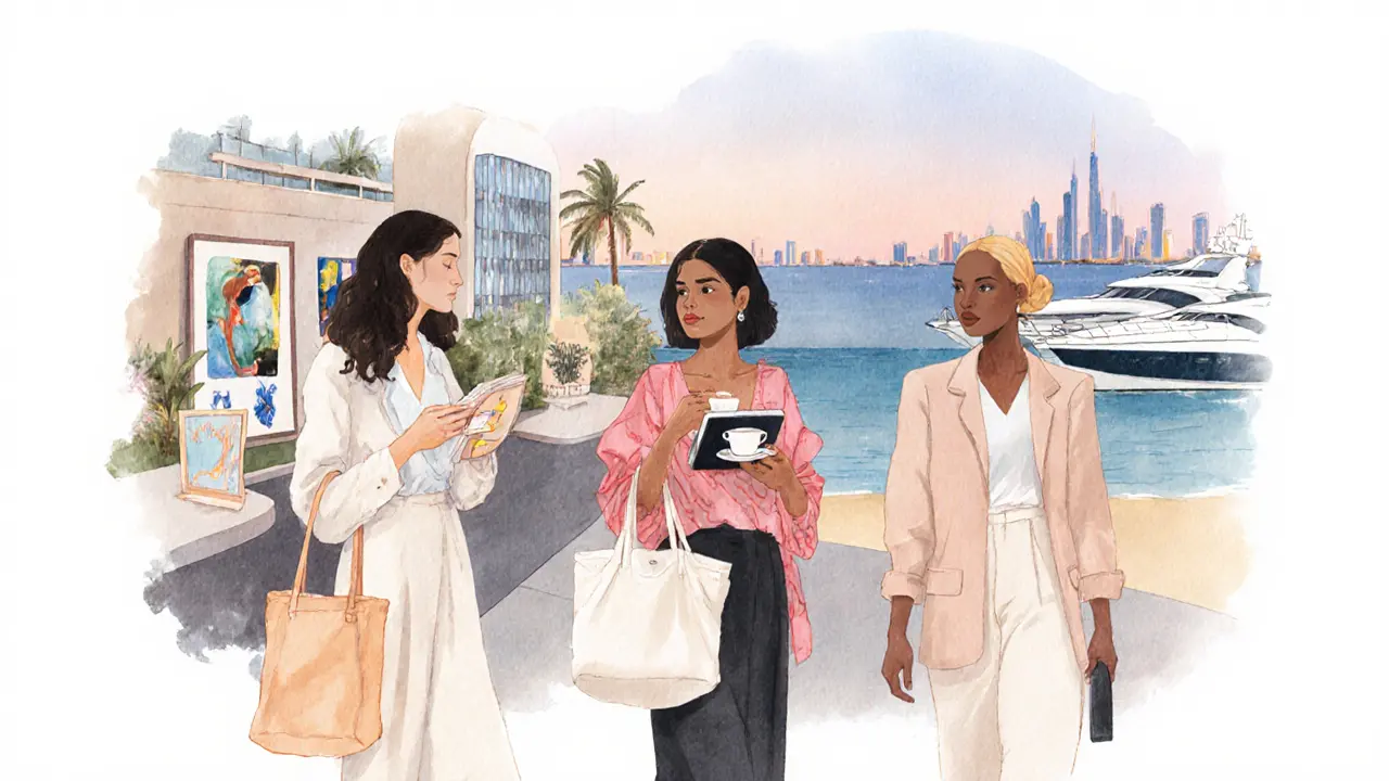 Three elegant women in Dubai enjoying art, tea, and the beach — each engaged in quiet, independent moments.