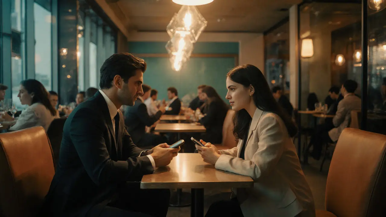 Two people in a café using smartphones for a discreet meeting.