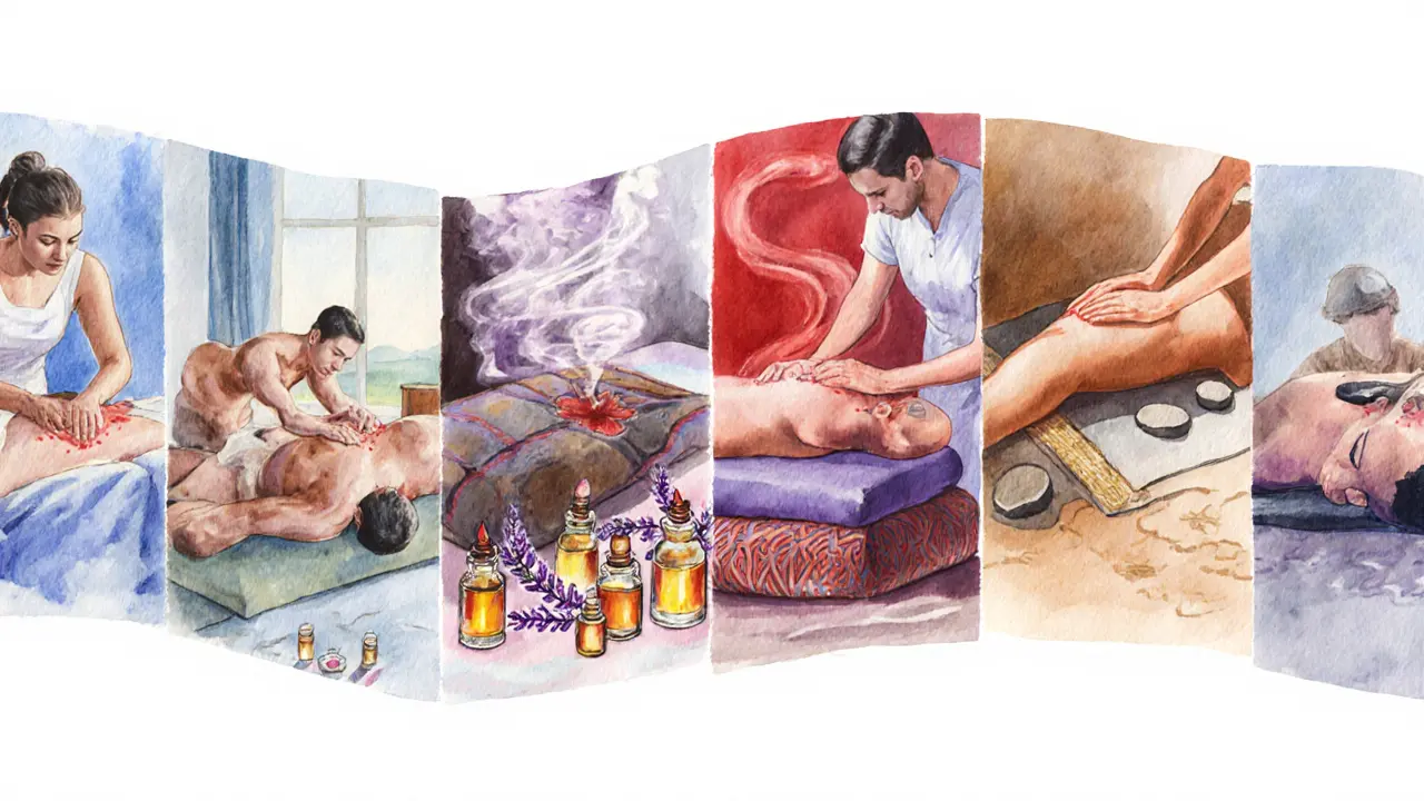 Watercolor collage of six massage types popular in Dubai.