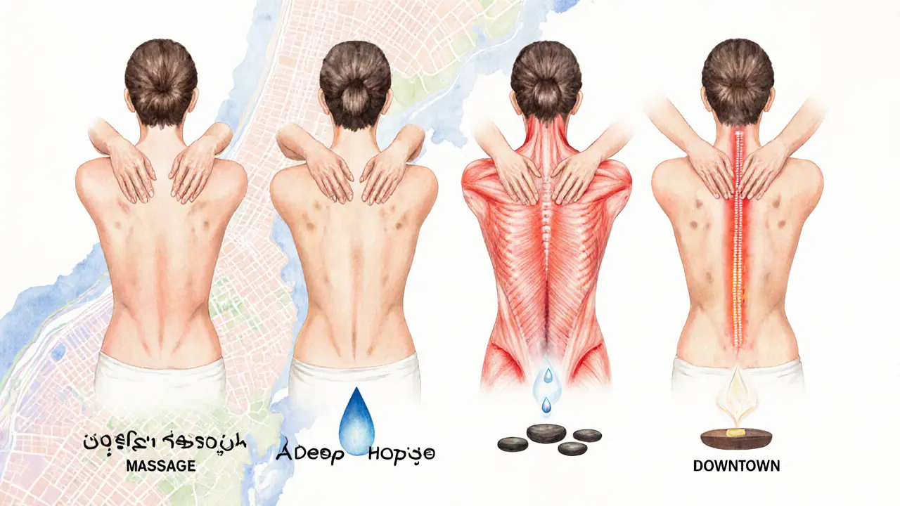 Watercolor collage of Swedish, Deep Tissue, Aromatherapy, and Hot Stone massages.
