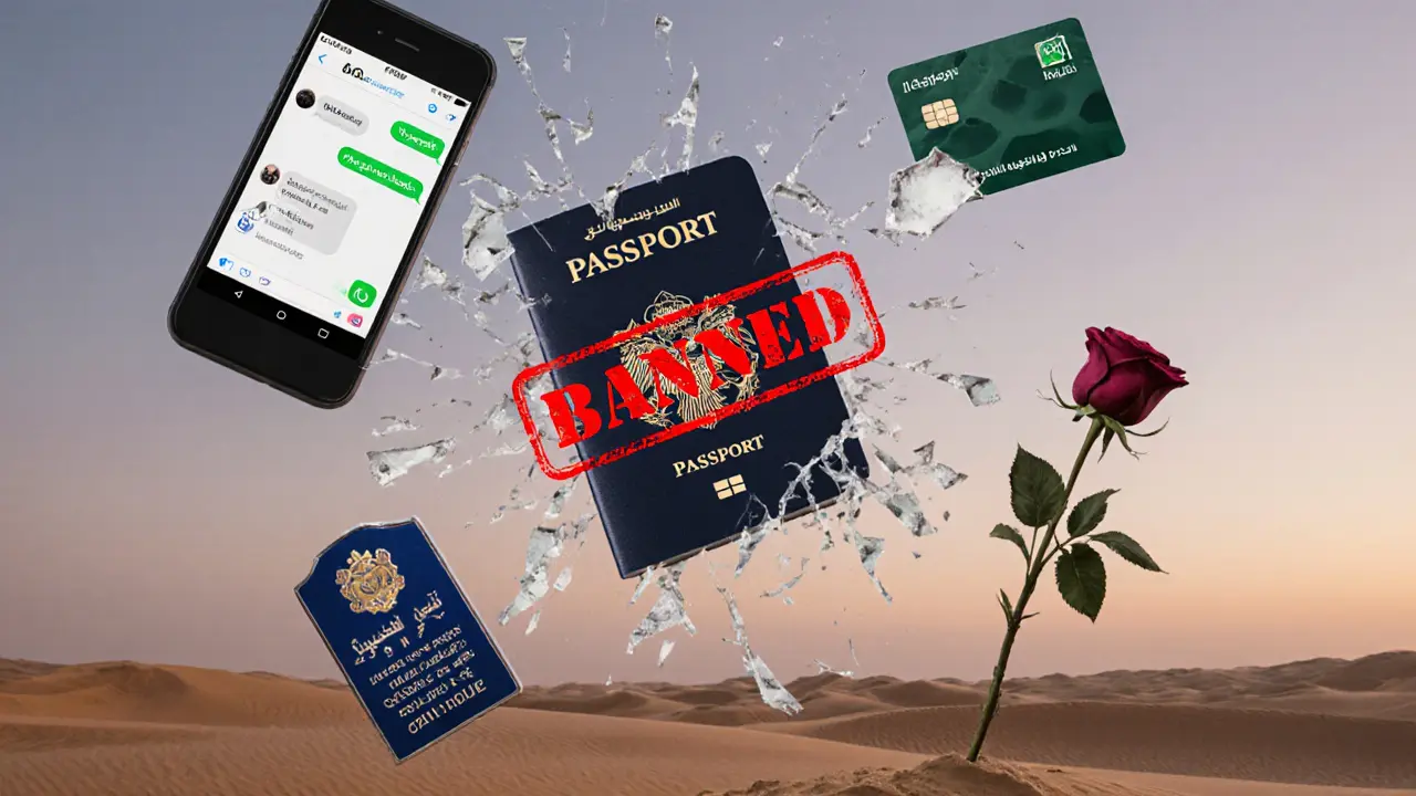A banned passport with digital fragments of messages, a keycard, and a wilting rose against a desert sunset.