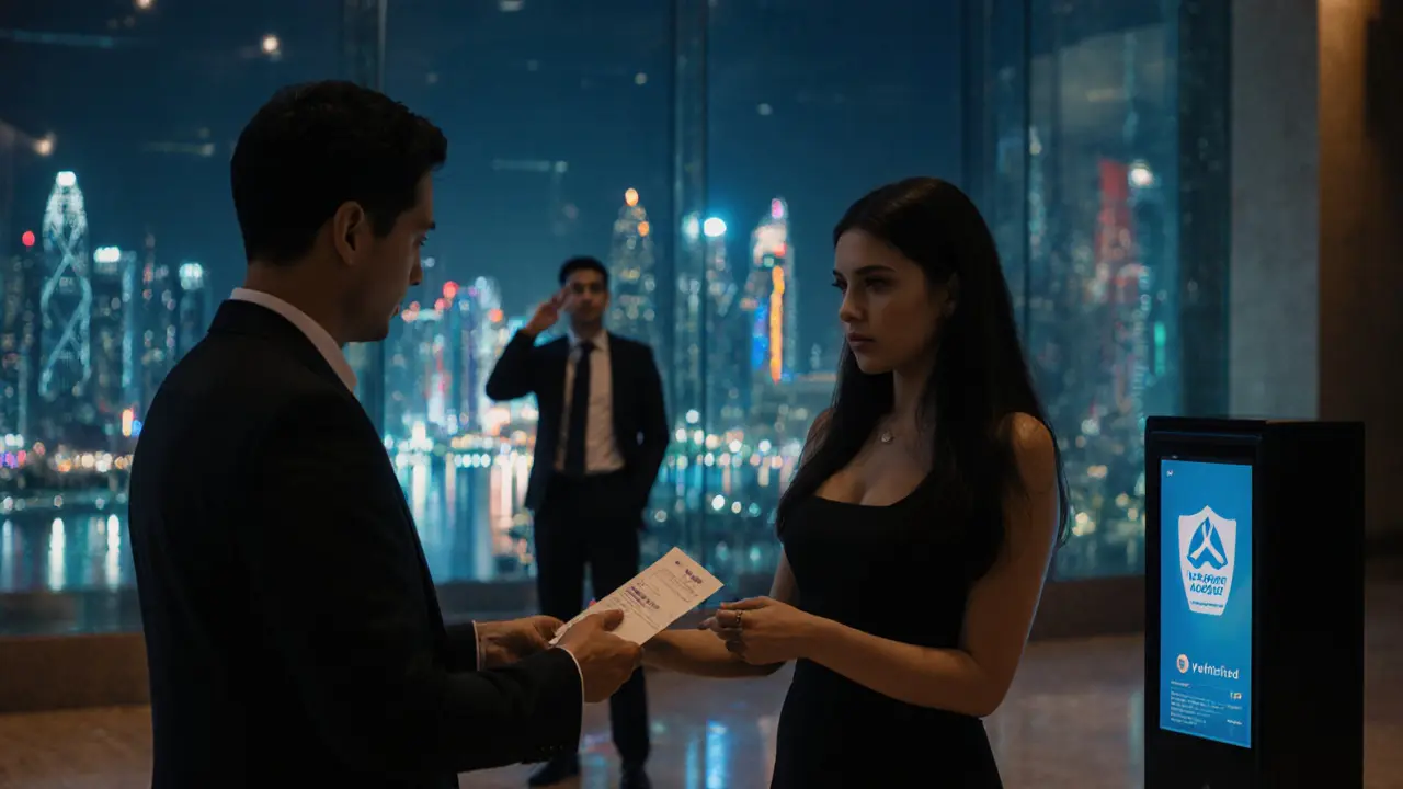 A client and escort exchanging a digital payment in a modern hotel lobby, with city lights reflecting on glass walls.