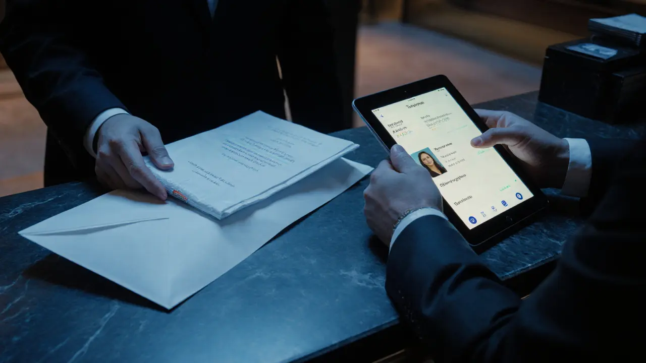 A client receiving a digital companion profile at a hotel concierge desk, no cash involved.