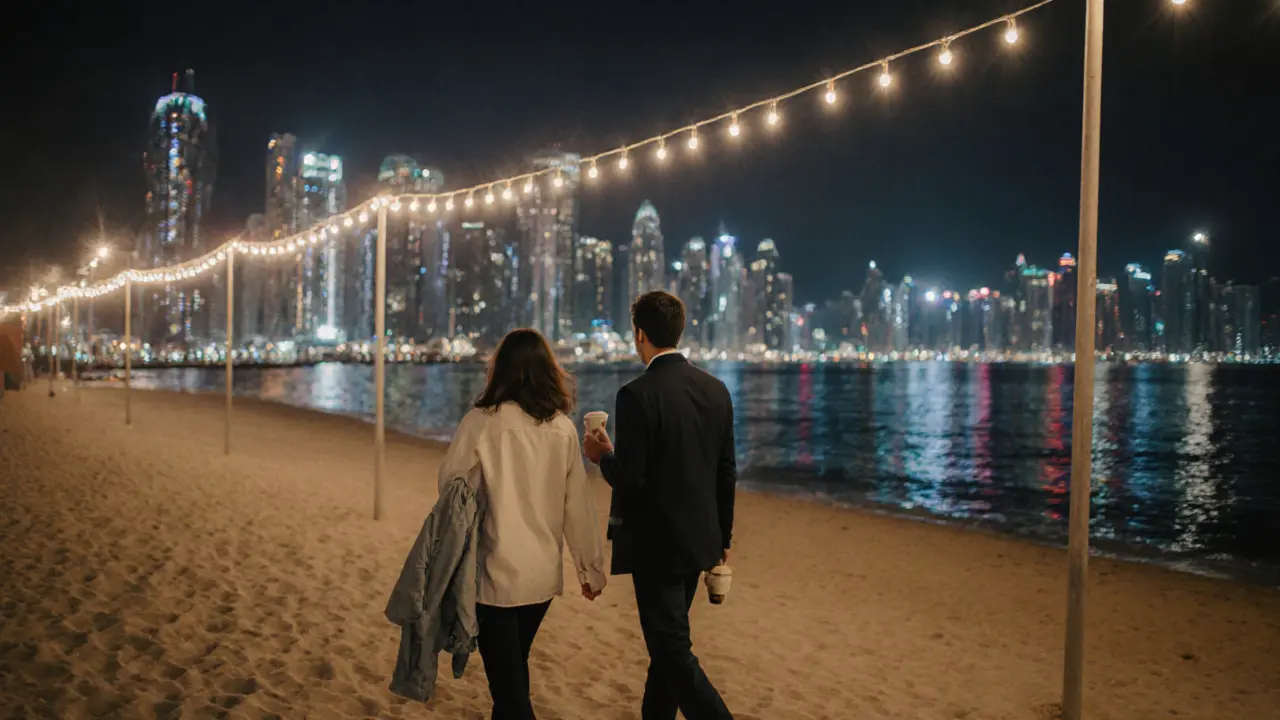 A companion and client walking peacefully along JBR Beach at night under soft lights.
