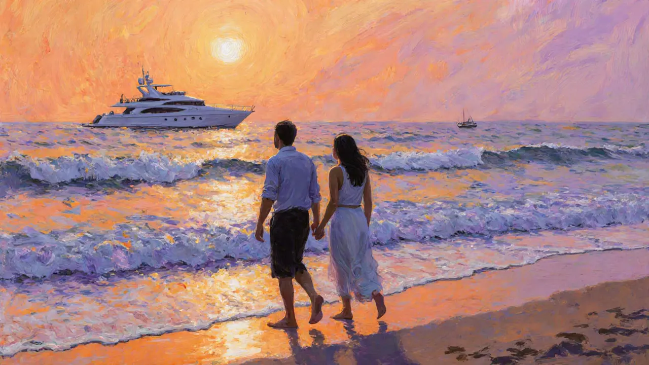 A couple walking barefoot on Jumeirah Beach at sunset, silhouetted against the ocean sky, no devices, just quiet connection.