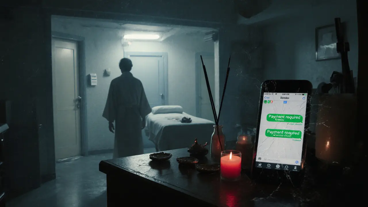A hidden massage room with a WhatsApp chat on a phone, hinting at illegal activity in a dim, suspicious space.