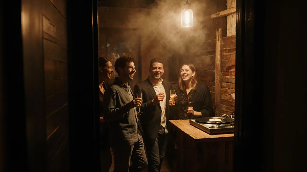 A hidden underground lounge with wooden bar and vinyl records, friends laughing in soft amber light.