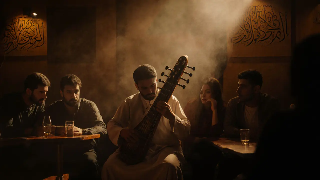 A live oud musician performing in a dimly lit underground club with attentive patrons.