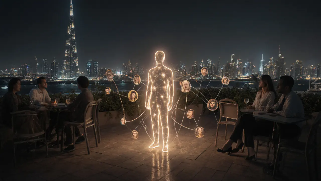 A lonely figure in Dubai’s cityscape gradually connected by warm threads to people at social spots, symbolizing meaningful connection.