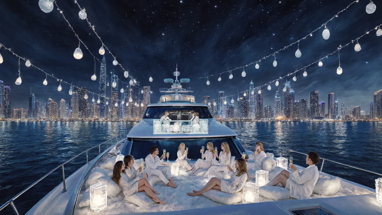 A luxury yacht glows with lights off Dubai Marina as guests in white enjoy the night at sea.