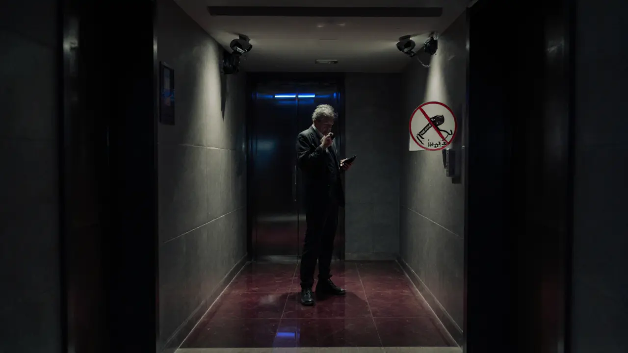 A person hesitating in a dark Dubai hotel hallway, security cameras casting long shadows.